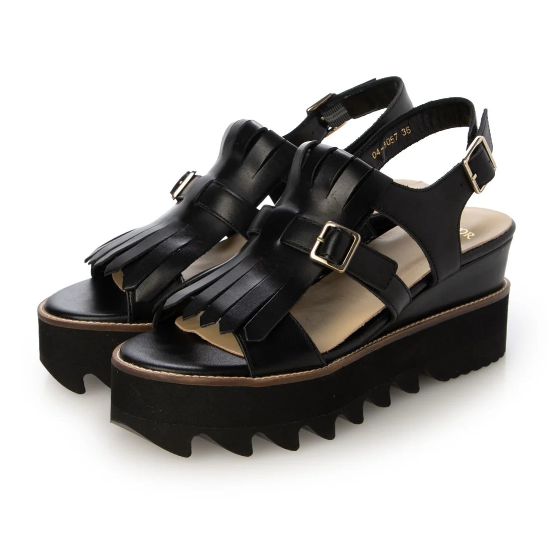 【OUTLET】PRIXD'OR（プリドール）厚底シャークソールフリンジデザインサンダル　ブラック