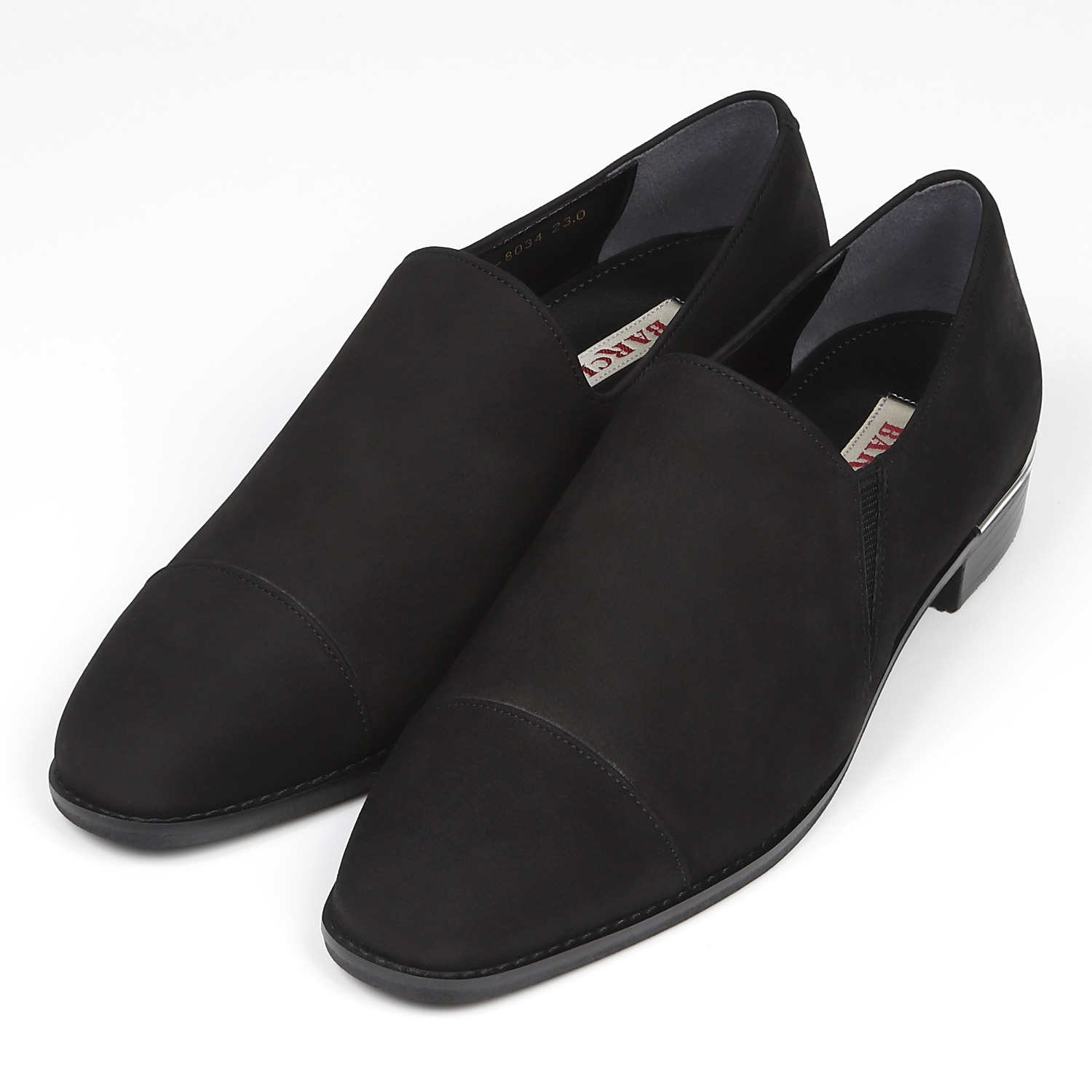 BARCLAY（バークレー）ソフトスクエアトゥ シルバーピースヒールカジュアルシューズ　ブラックヌバック