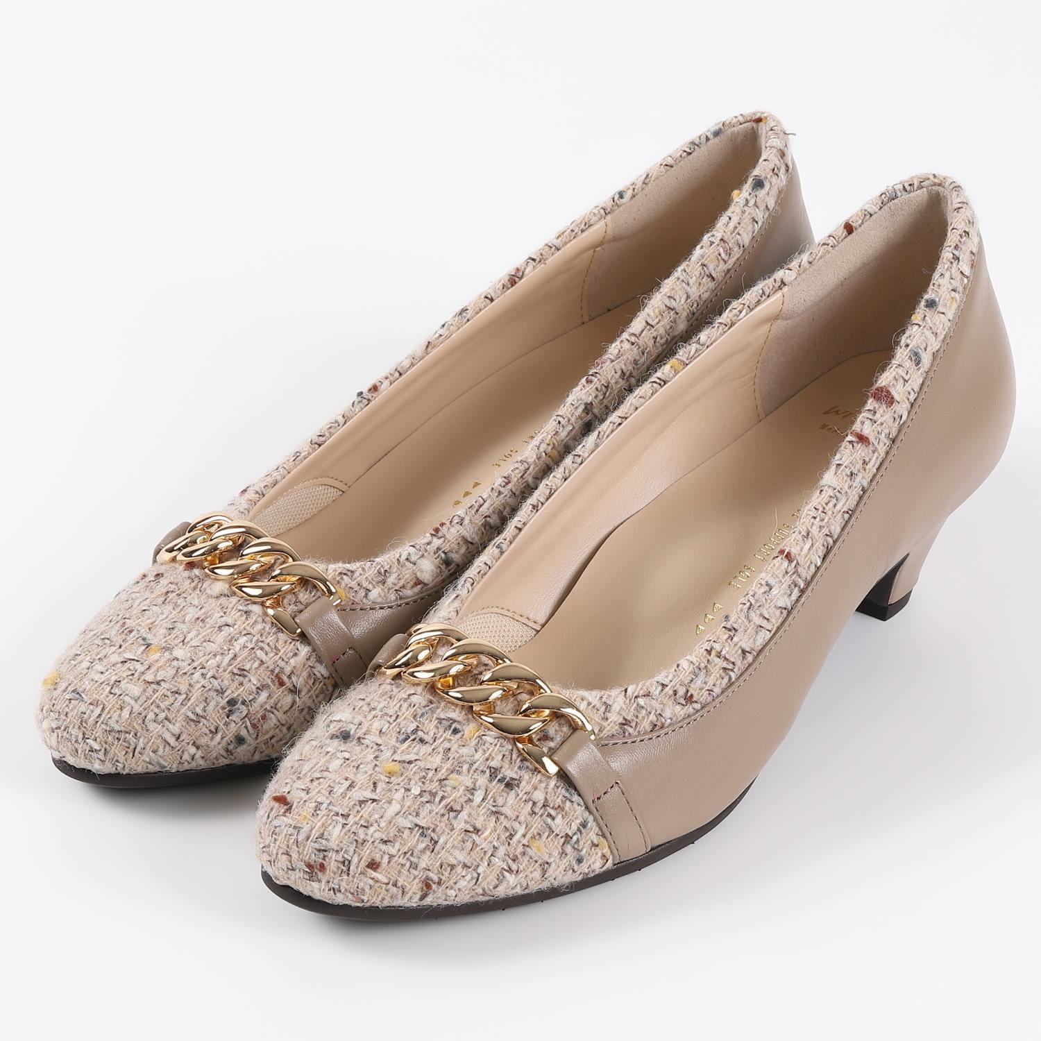 【OUTLET】With Width（ウィズウィズ）チェーンパンプス　オークファブリックコンビ