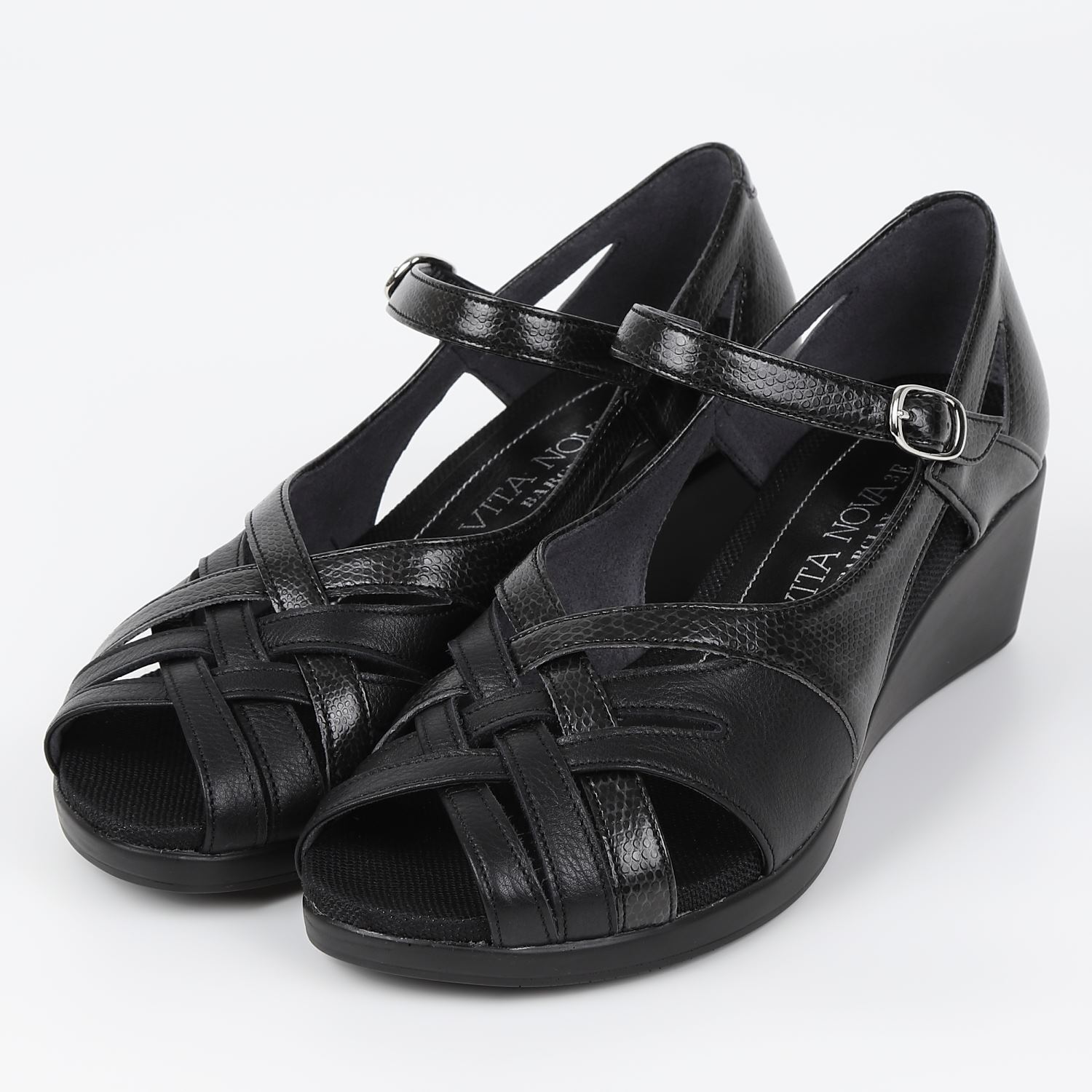 【OUTLET】VITANOVA（ヴィタノヴァ）メッシュ編みウエッジヒールサンダル　ブラックコンビ