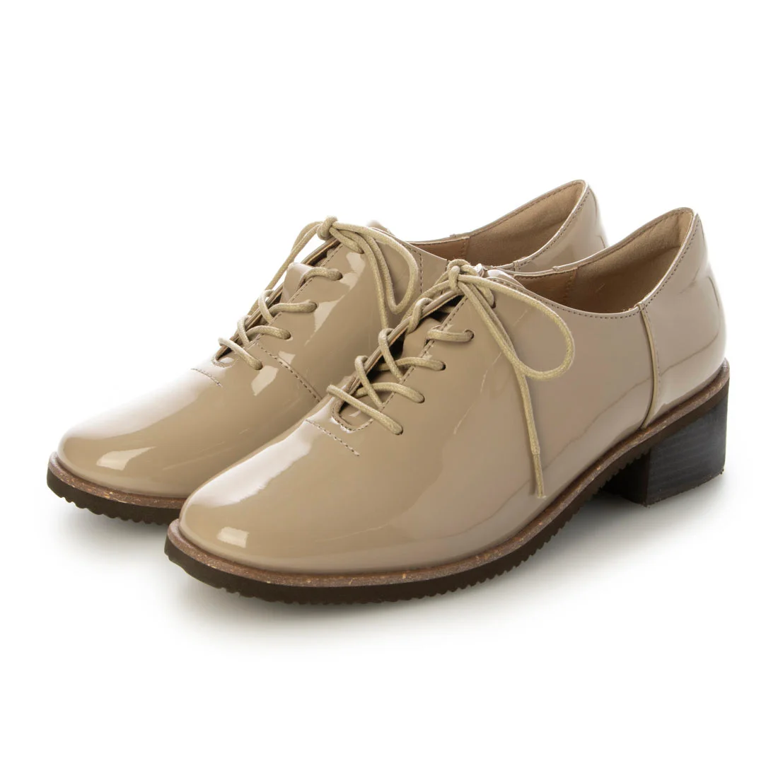 【OUTLET】KISCO（キスコ）チャンキーヒールレースアップローファー　ベージュエナメル