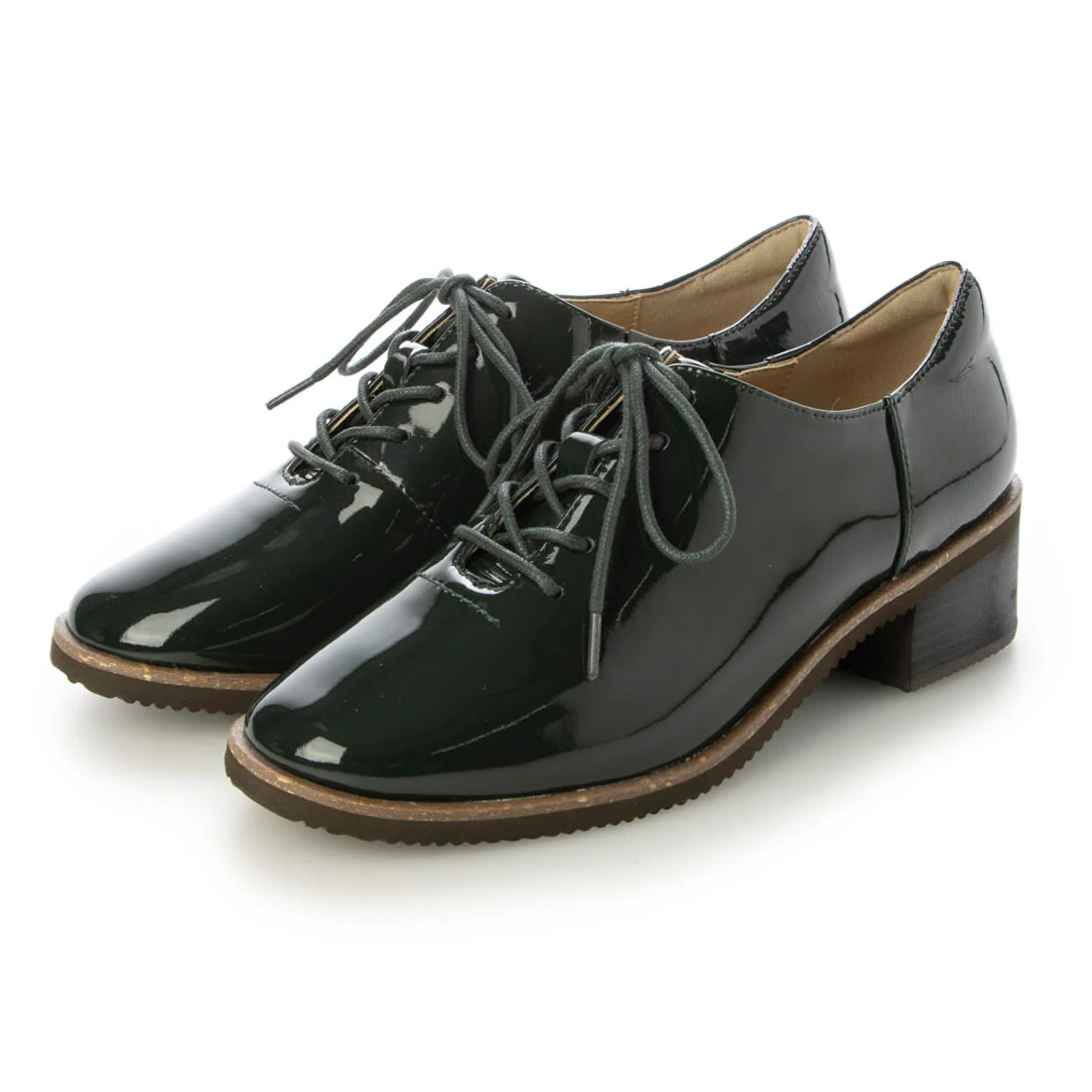 【OUTLET】KISCO（キスコ）チャンキーヒールレースアップローファー　ダークグリーンエナメル