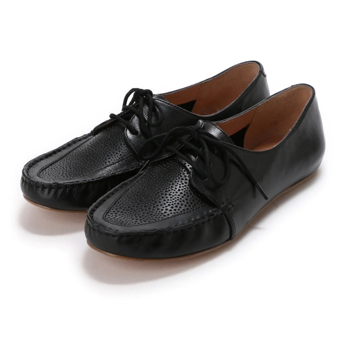 【OUTLET】KISCO（キスコ）レースアップレザーフラットシューズ　ブラック