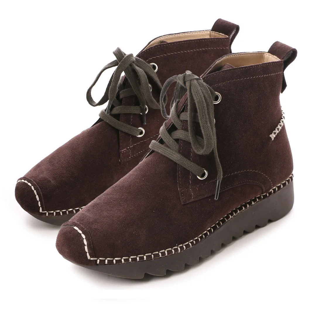 【OUTLET】KISCO（キスコ）レースアップカジュアルショートブーツ　ダークブラウン