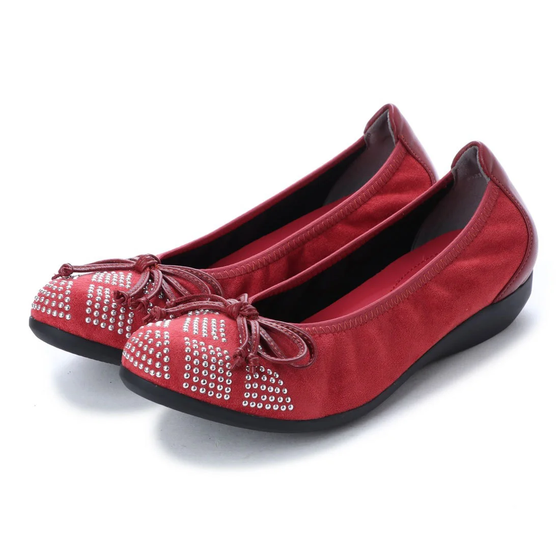 【OUTLET】KISCO（キスコ）スタッズ飾りスエード調生地リボンフラットパンプス　ダークピンク