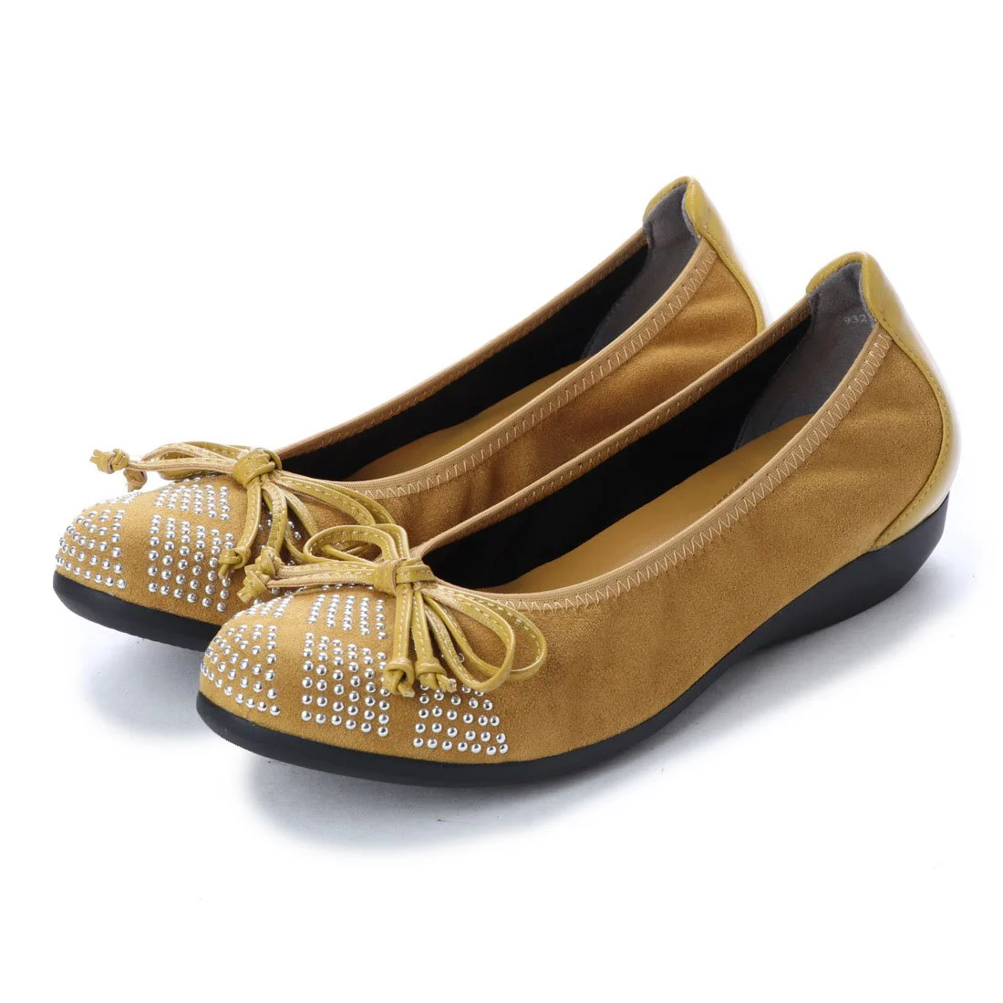 【OUTLET】KISCO（キスコ）スタッズ飾りスエード調生地リボンフラットパンプス　イエロー