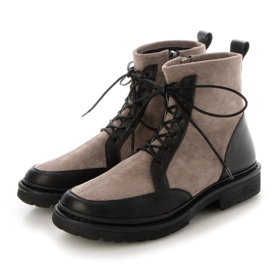 【OUTLET】KISCO（キスコ）ストレッチレースアップショートブーツ　ベージュブラック