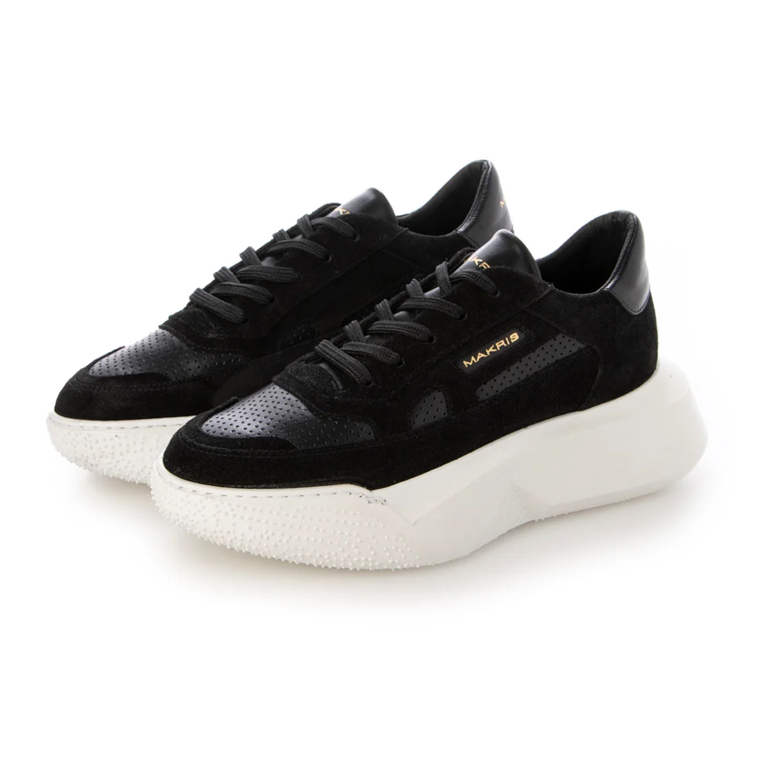 【OUTLET】 	MAKRIS（マクリス）　パンチングレザーボリュームソール厚底スニーカー　ブラック