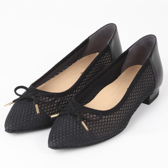 【OUTLET】BARCLAY（バークレー）ポインテッドトゥチュールレースバレエシューズ　ブラックファブリック