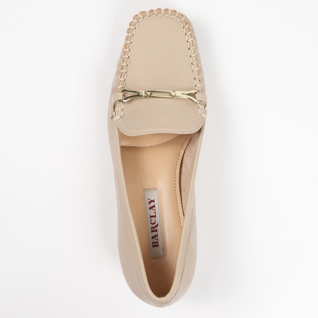 BARCLAY（バークレー）定番モカシンパンプス　ピンクページュヌバック OUTLET】BARCLAY（バークレー）台形バックルローヒールパンプス