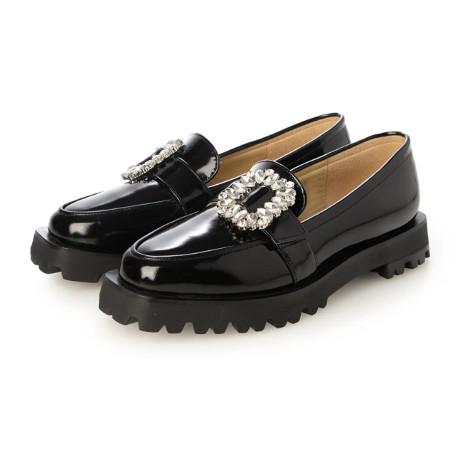 【OUTLET】PRIXD'OR（プリドール）ビジューバックルローファー 　ブラックガラス