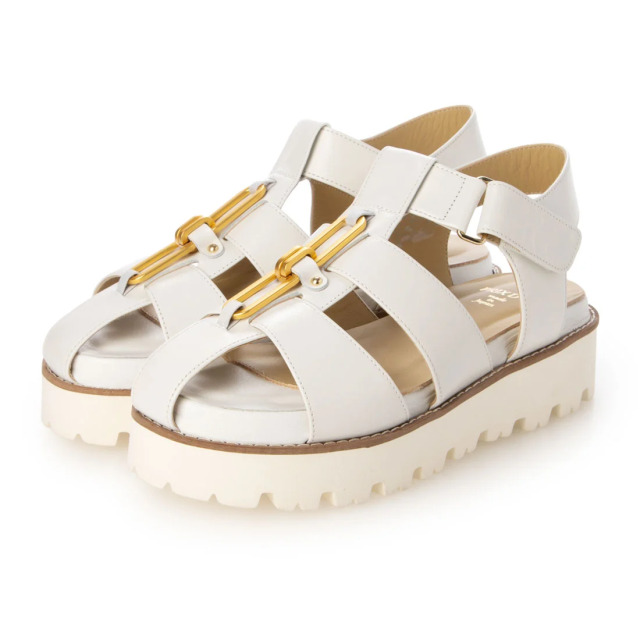 【OUTLET】PRIXD'OR（プリドール）エクストラライトソールゴールドチェーン厚底グルカサンダル　アイボリー