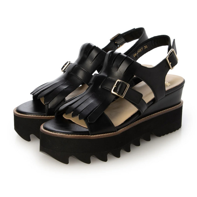 【OUTLET】PRIXD'OR（プリドール）厚底シャークソールフリンジデザインサンダル　ブラック