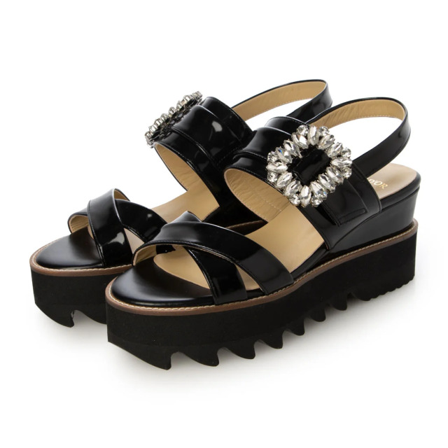 【OUTLET】PRIXD'OR（プリドール）ビジューバックル厚底シャークソールサンダル　ブラック