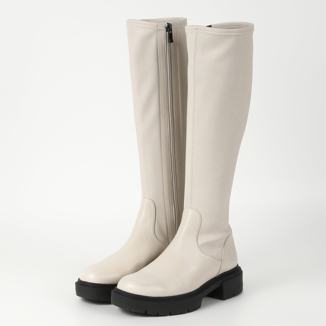 【OUTLET】BARCLAY（バークレー）厚底ソールストレッチロングブーツ　アイボリー