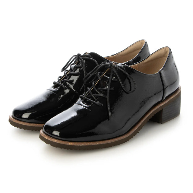 【OUTLET】KISCO（キスコ）チャンキーヒールレースアップローファー　ブラックエナメル