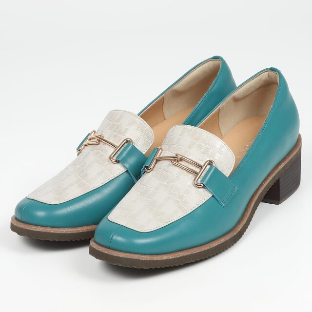 【OUTLET】KISCO（キスコ）チャンキーヒールビットローファー　ブルーコンビ