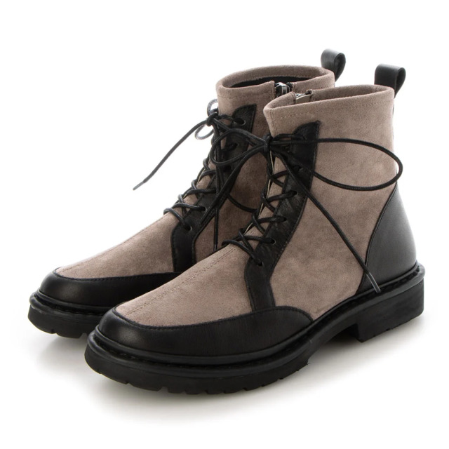【OUTLET】KISCO（キスコ）ストレッチレースアップショートブーツ　ベージュブラック