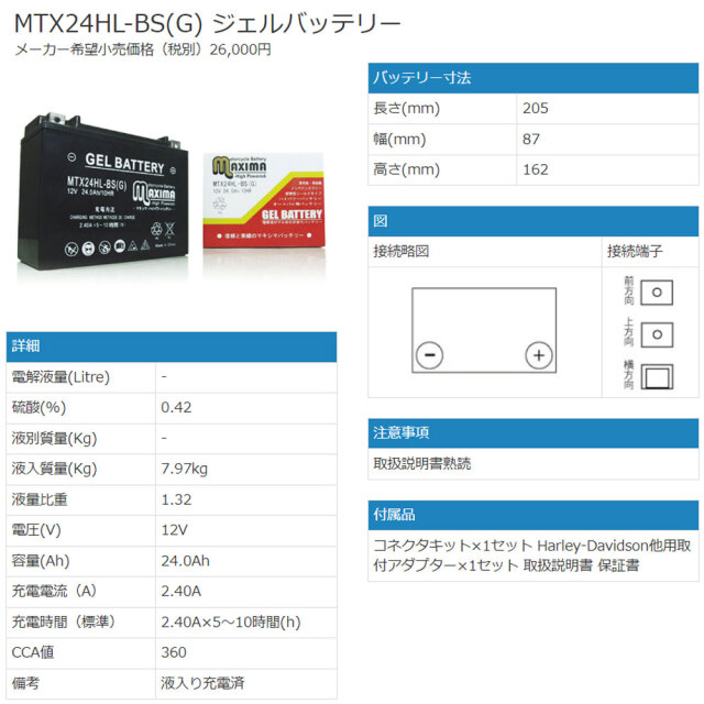 YT24HL-BS/66010-82B互換バイクバッテリー：【ジェルバッテリー