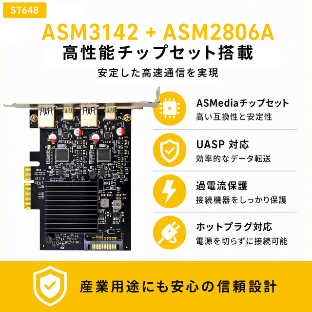 ST648 ASM3142 ASM2806A搭載 産業用途向けPCIe USB増設カード基板
