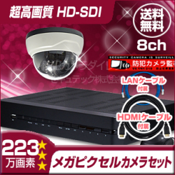 防犯カメラセット・監視カメラセット【セット743-FHD】 HD-SDI フルHD画質 SDIドームカメラ1台と8chデジタルレコーダー