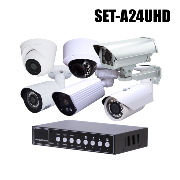 防犯カメラ1～4台セット【セット-A24UHD】4K接続可 四分割機（録画機能無し）のフルHD AHDカメラ追加オプションセット