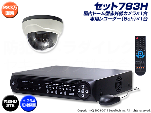 防犯カメラセット・監視カメラセット【セット783H】 HD-SDI フルHD画質 SDIドームカメラ1台と8chデジタルレコーダー