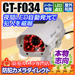 【CT-F034】屋内外OK　電源不要　ソーラー発電　充電池付きダミーカメラ（夜間自動発光タイプ）