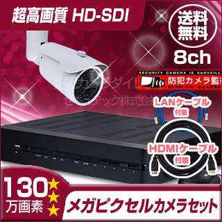 防犯カメラセット・監視カメラセット【セット681-HDU】 HD-SDI ハイビジョン画質 防雨型カメラ1台と8chレコーダー