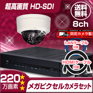 防犯カメラセット・監視カメラセット【セット785-FHDU】 HD-SDI フルハイビジョン画質 防雨・防破壊ドームカメラ1台と8chレコーダー