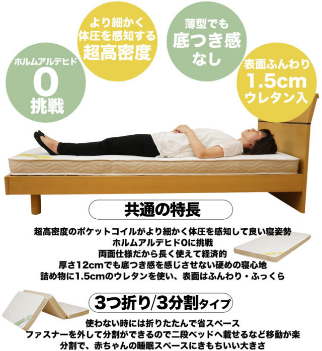 超高密度ポケットコイル シングル 薄型 通常 EN120P 三つ折り EN120P3