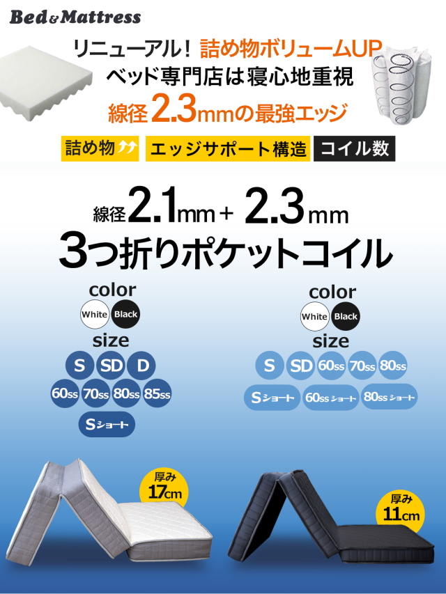 マットレス 三つ折り シングル 85スモールシングル シングルショート 3