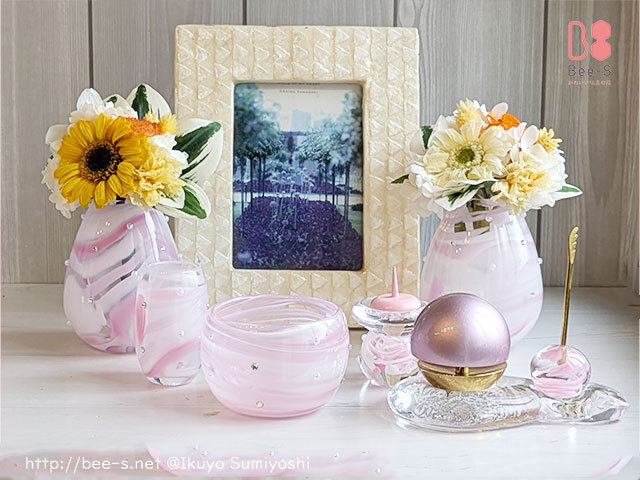 デザイン仏具 スワロとパール付き ORIKA（pinkuマーブル）3点セット～7