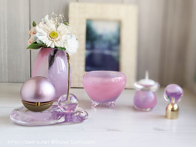 ピンク紫のガラス仏具 手元供養特別セット 仏具3点 たまゆらりん・台