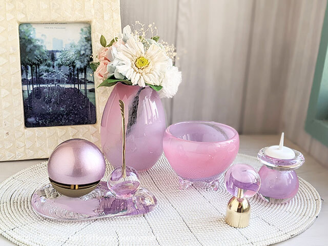 ピンク紫のガラス仏具 手元供養特別セット 仏具3点 たまゆらりん・台