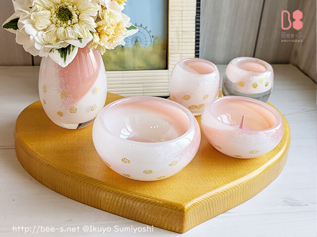 おしゃれな仏具セット SAKURA（サーモンピンク＋金箔）3点セット