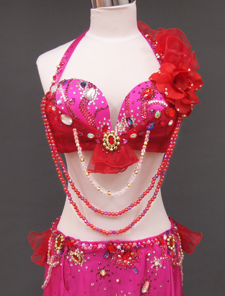 ピンク赤コサージュ衣装　ミラーナベリーダンス