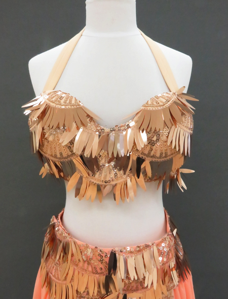 【ベリーダンス衣装】シャンパンゴールドのスパンコールが豪華！シャンパンゴールド×サーモンピンクのベリーダンスオリエンタル・コスチューム