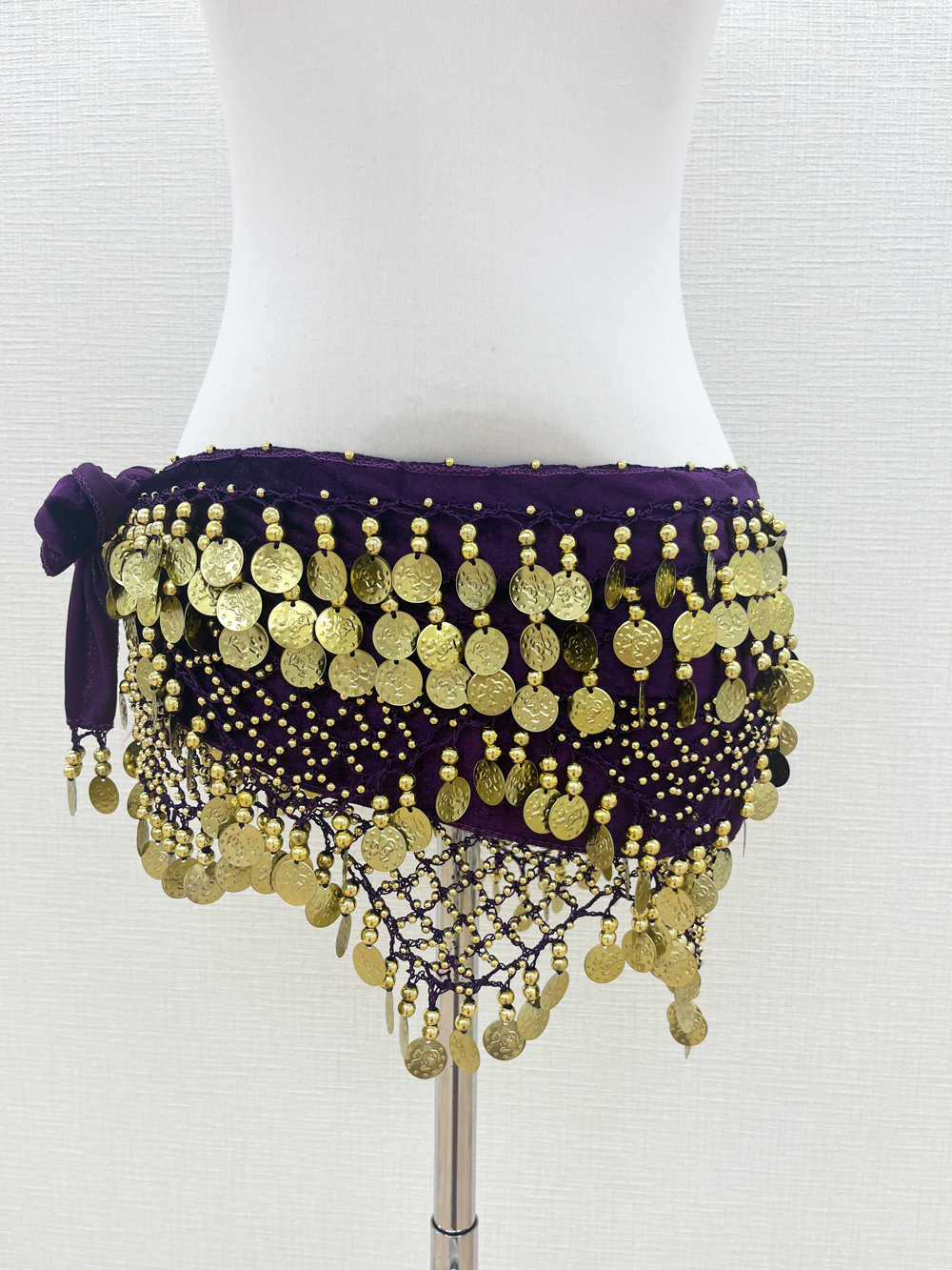 ベロア生地がエレガント！ゴールドコイン付きの紫ヒップスカーフ【ベリーダンス衣装／レッスン着】