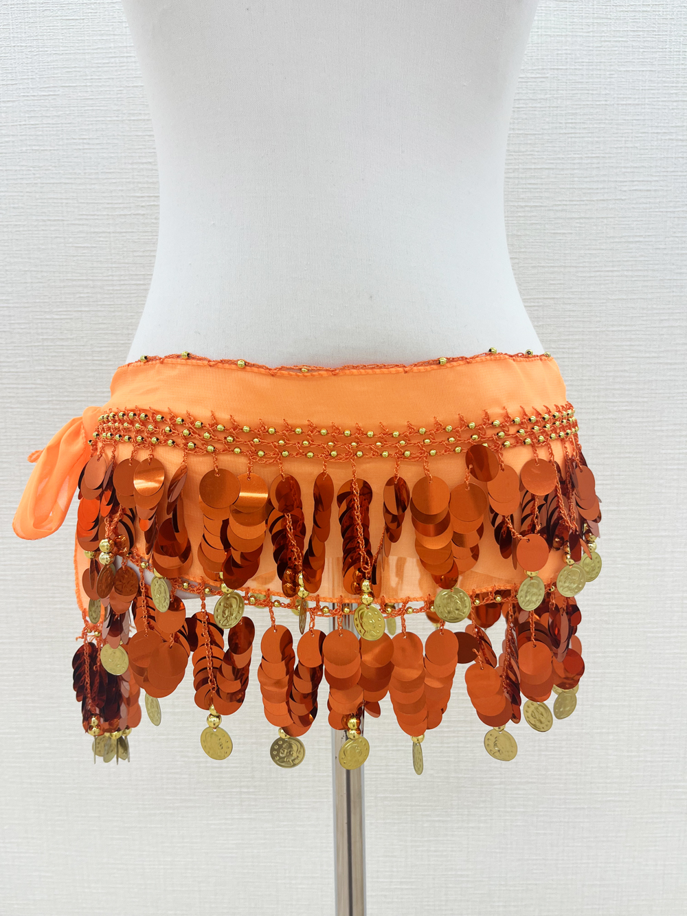 オレンジスパンコールがキュート！ゴールドコイン付きのヒップスカーフ【ベリーダンス衣装／レッスン着】