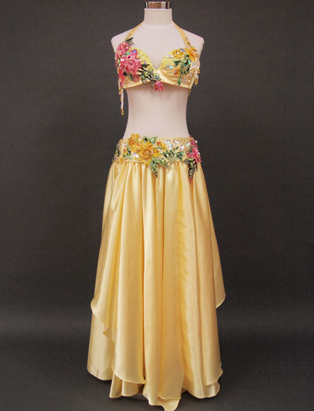 【ベリーダンス衣装】可愛らしいパステルイエロー！薔薇に包まれた様な気分になれるエレガントで可愛らしいオリエンタル・コスチューム