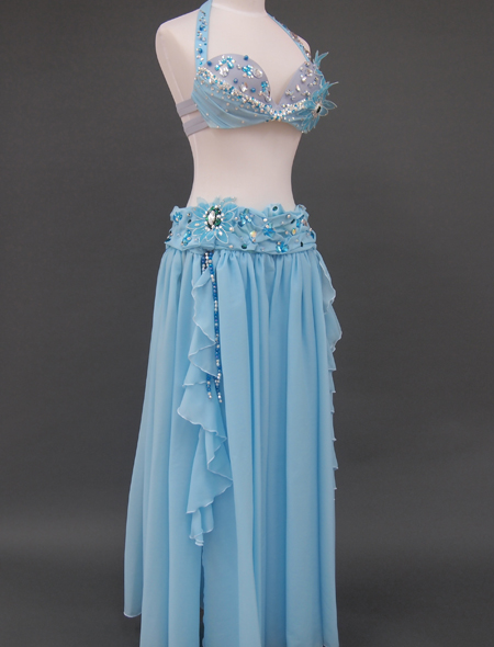 ベリーダンス衣装　青いフリル付き刺繍ドレス ベリーダンス衣装 青いフリル付き刺繍ドレス