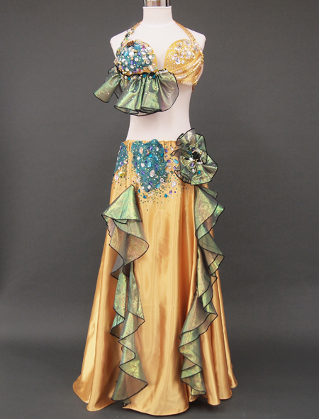 ゴールド ベリーダンス 衣装 花モチーフ ベリーダンス衣装】高級感溢れるゴールド！スカートの花モチーフは