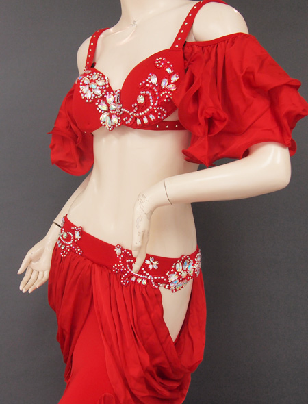 【ベリーダンス衣装】深紅な色合いが情熱的!袖のフリルは取り外し可能!花のデザインも可愛らしいお洒落な格安ベリーダンス衣装