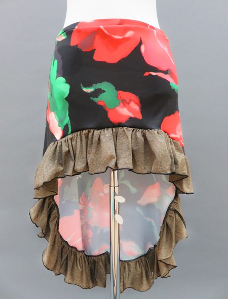 黒地に赤い花が映える！ブロンズのフリルが魅力的！フィッシュテールタイプのベリーダンスヒップスカーフ【ベリーダンス衣装／レッスン着】