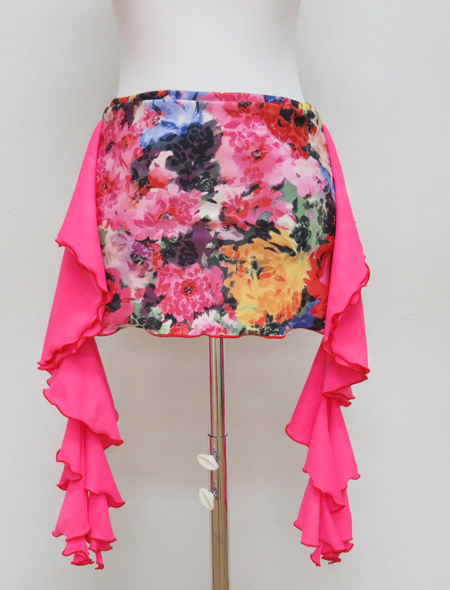 大きな花柄プリントが華やか！ピンクフリルが鮮やかで可愛い！ ベリーダンスヒップスカーフ/コインなし【ベリーダンス衣装/レッスン着】