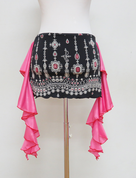 黒地に彩るピンクの宝石柄が美しい！ のびのび素材で着心地抜群のベリーダンスコインなしヒップスカーフ 【ベリーダンス衣装／レッスン着】