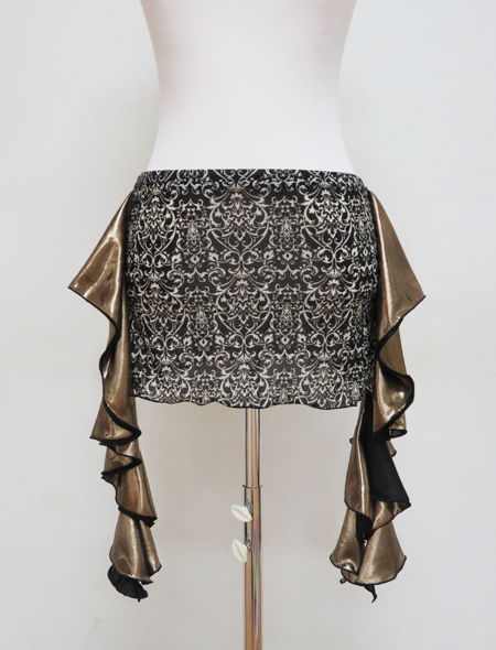 黒地のスカーフにブロンズのサイドフリルで大人エレガント！ベリーダンスコインなしヒップスカーフ【ベリーダンス衣装／レッスン着】