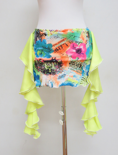 ネオンイエローで爽やかおしゃれ！ピンクとブルーの花柄でハワイアン！べリーダンスコインなしヒップスカーフ【ベリーダンス衣装／レッスン着】