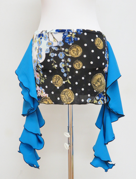 ブラック×コイン柄で大人の魅力！サイドフリルのブルーが揺れるたび爽快！べリーダンスコインなしヒップスカーフ【ベリーダンス衣装／レッスン着】